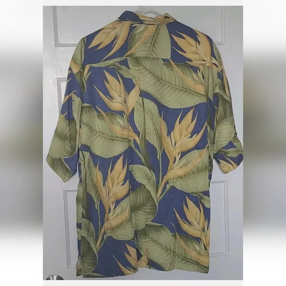 Tommy Bahama 100% Silk Shirt Hawaiian Mens Large L Floral Green Blue Leaf Beach - Picture 3 of 6